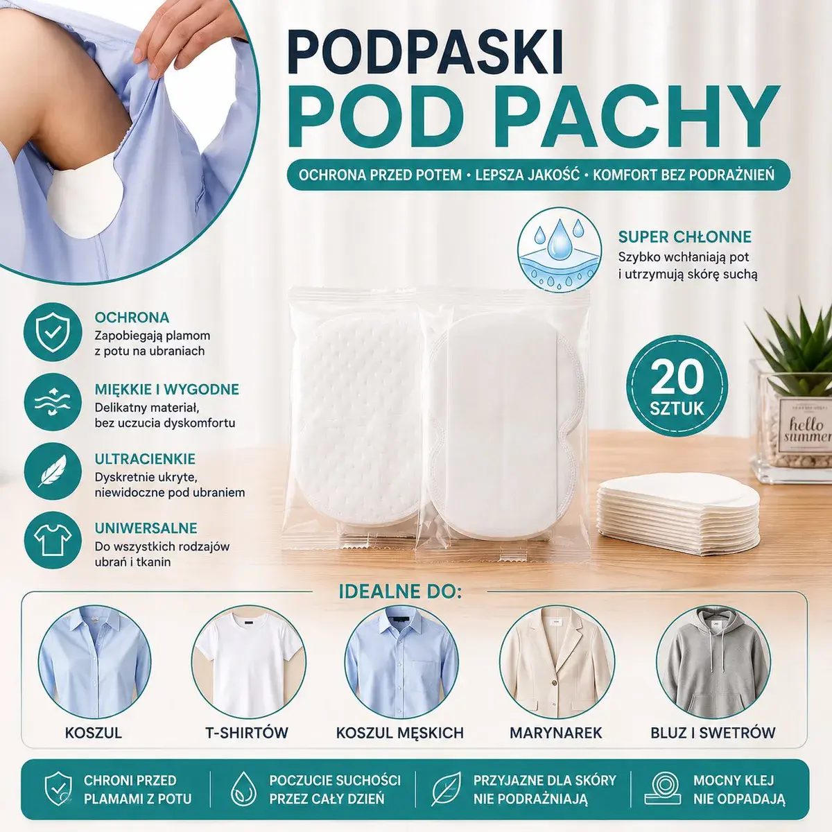 Podpaski pod Pachy białe super chłonne 20 sztuk