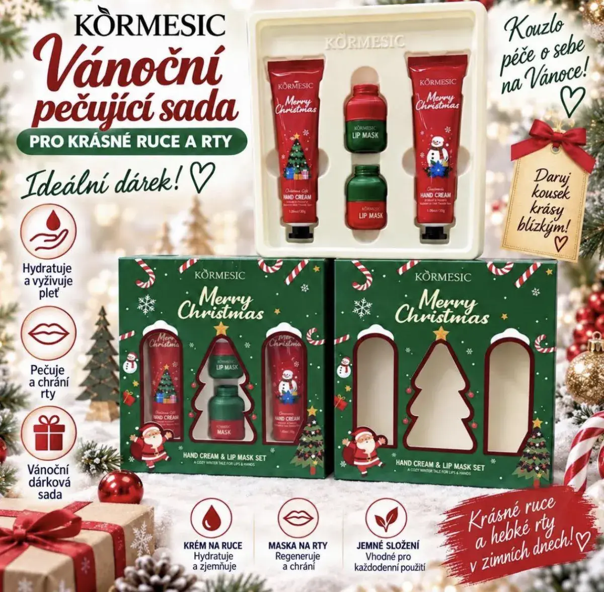 Zestaw kosmetyków świątecznych Kormesic krem do rąk i maska do ust