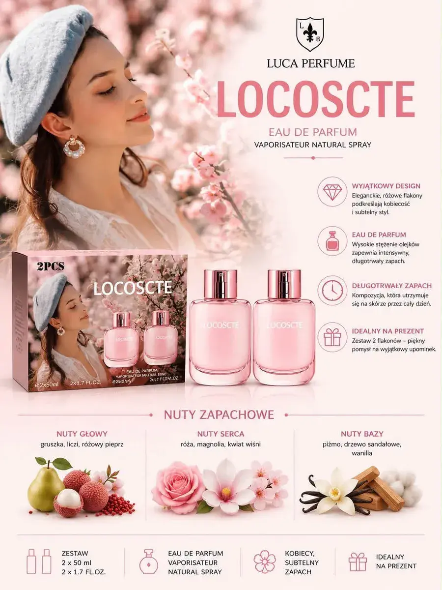 Zestaw perfum Locoste 2x50ml różowe flakony subtelny zapach