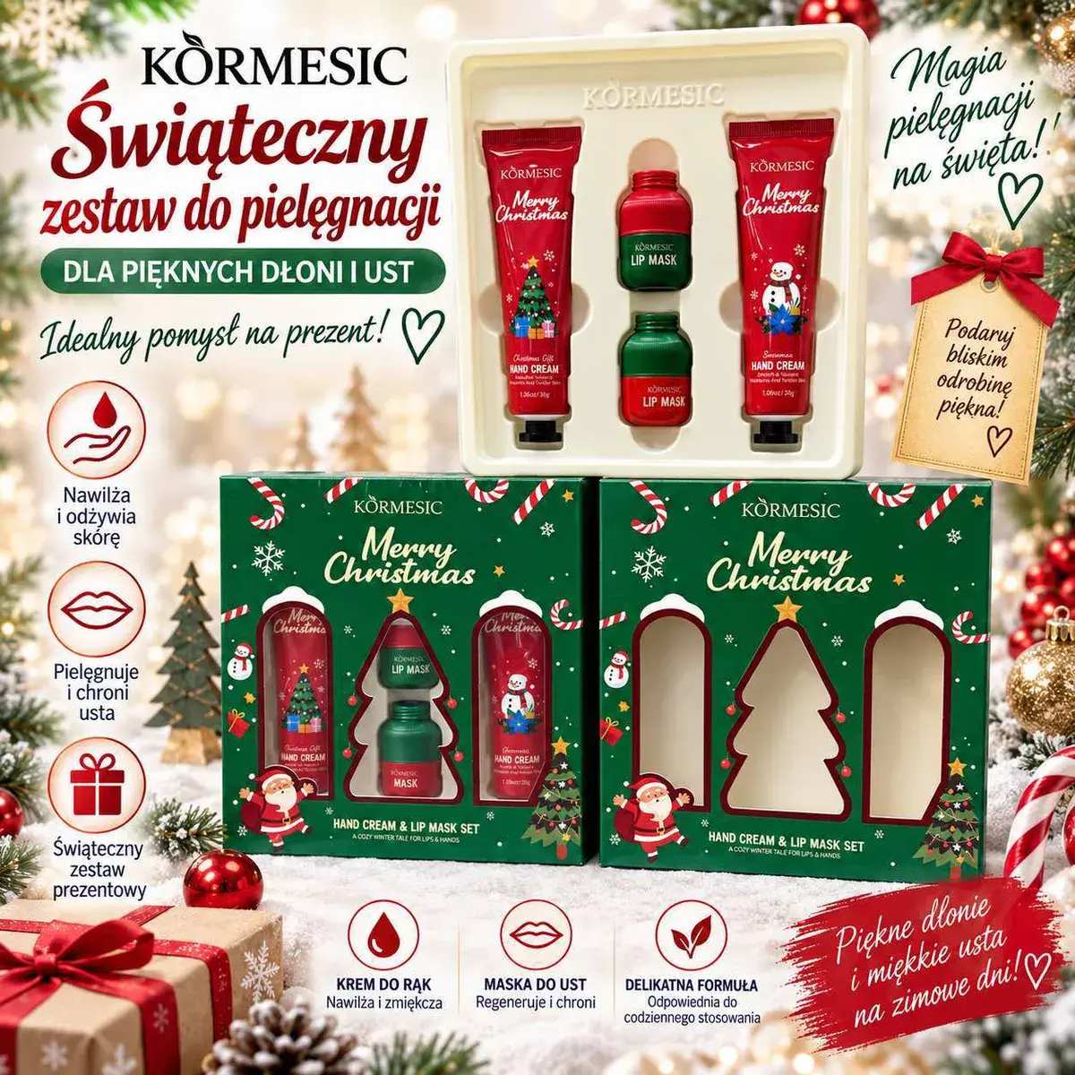 Świąteczny zestaw do pielęgnacji dłoni i ust Kormesic 2x30ml krem, 2x5g maska