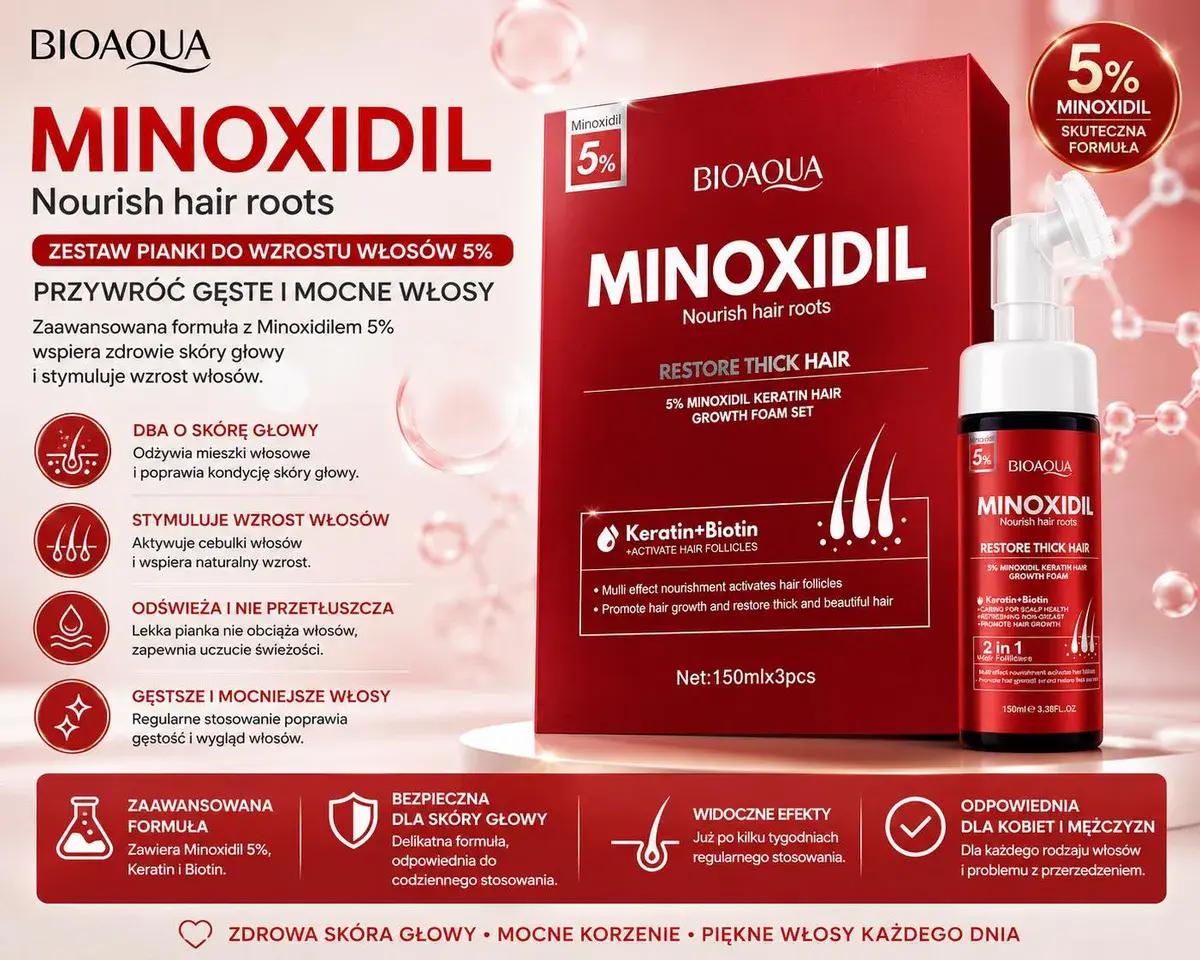 BIOAQUA Minoxidil 5% zestaw pianek do wzrostu włosów 3x150ml