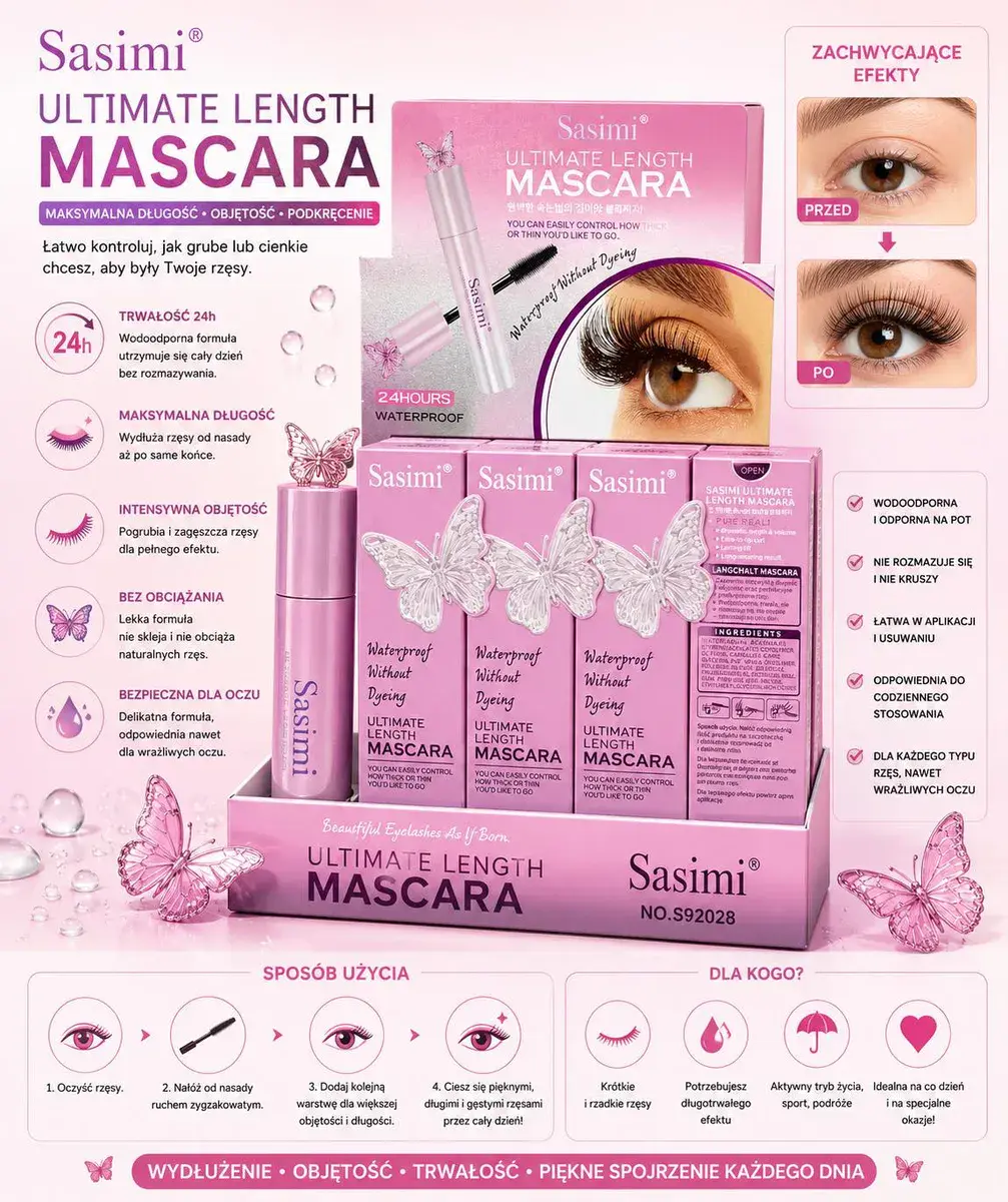 Sasimi Ultimate Length Mascara wodoodorna maskara do rzęs różowa