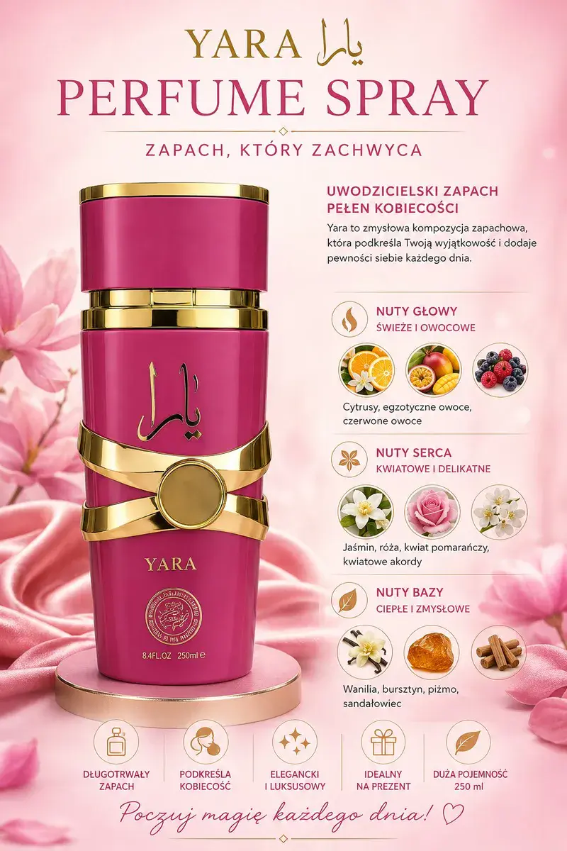 Yara Perfume Spray 250ml Damski Zapach Kwiatowo-Owocowy
