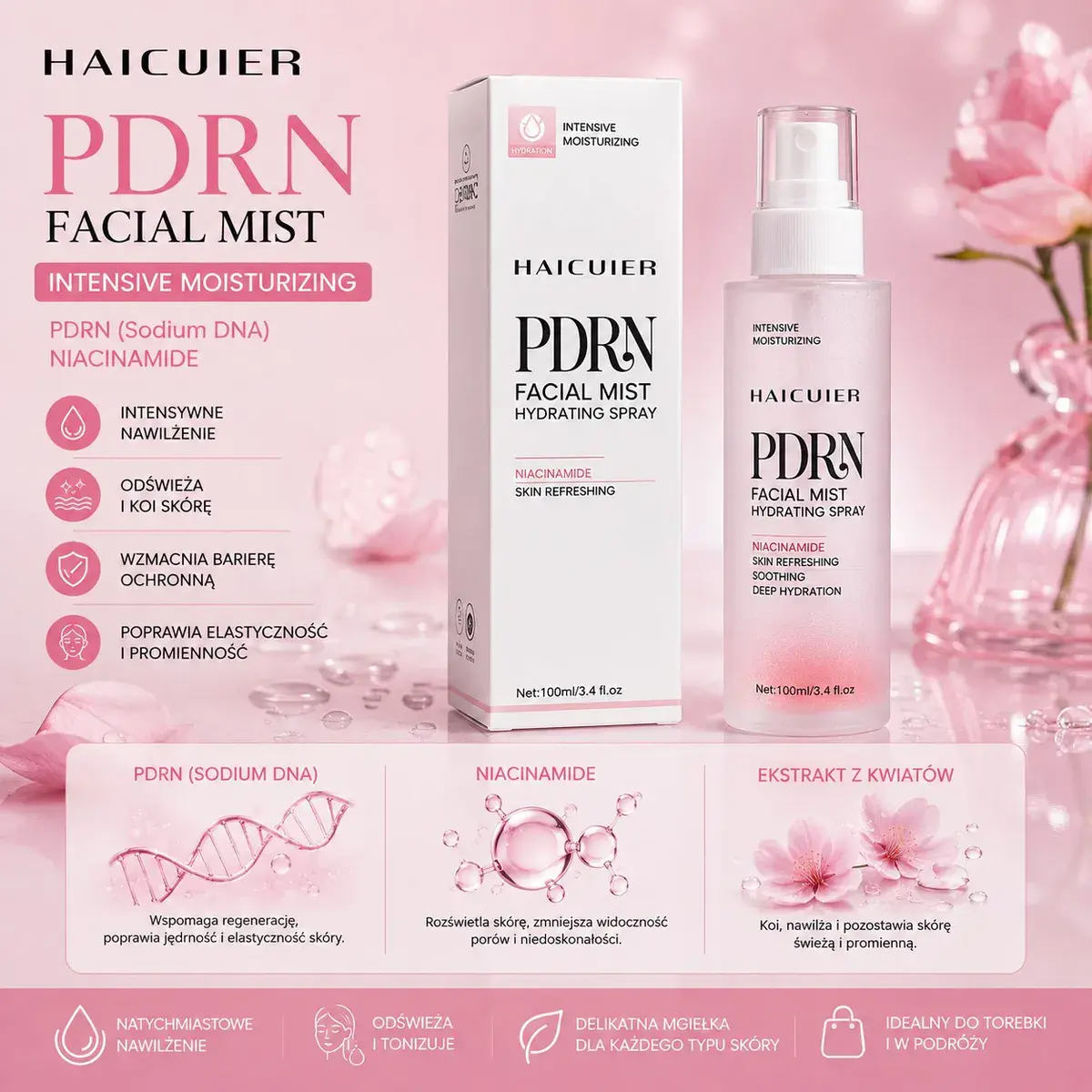 Haicuier PDRN Facial Mist Spray Nawilżający 100ml różowy