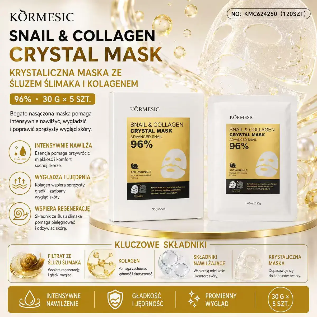 Körmesic Snail & Collagen Crystal Mask 30g x 5 szt. nawilżająca