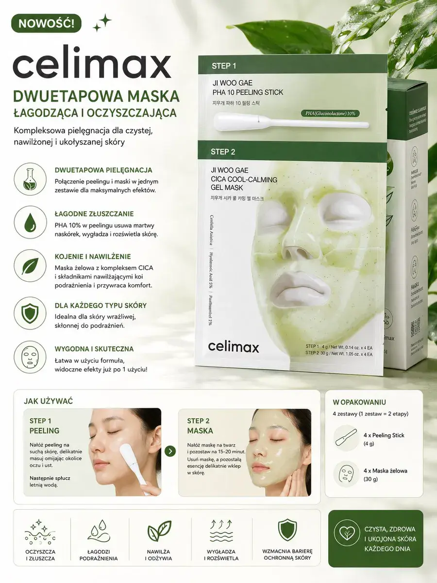 Celimax Dwueatapowa Maska Łagodząca i Oczyszczająca PHA 10% + CICA