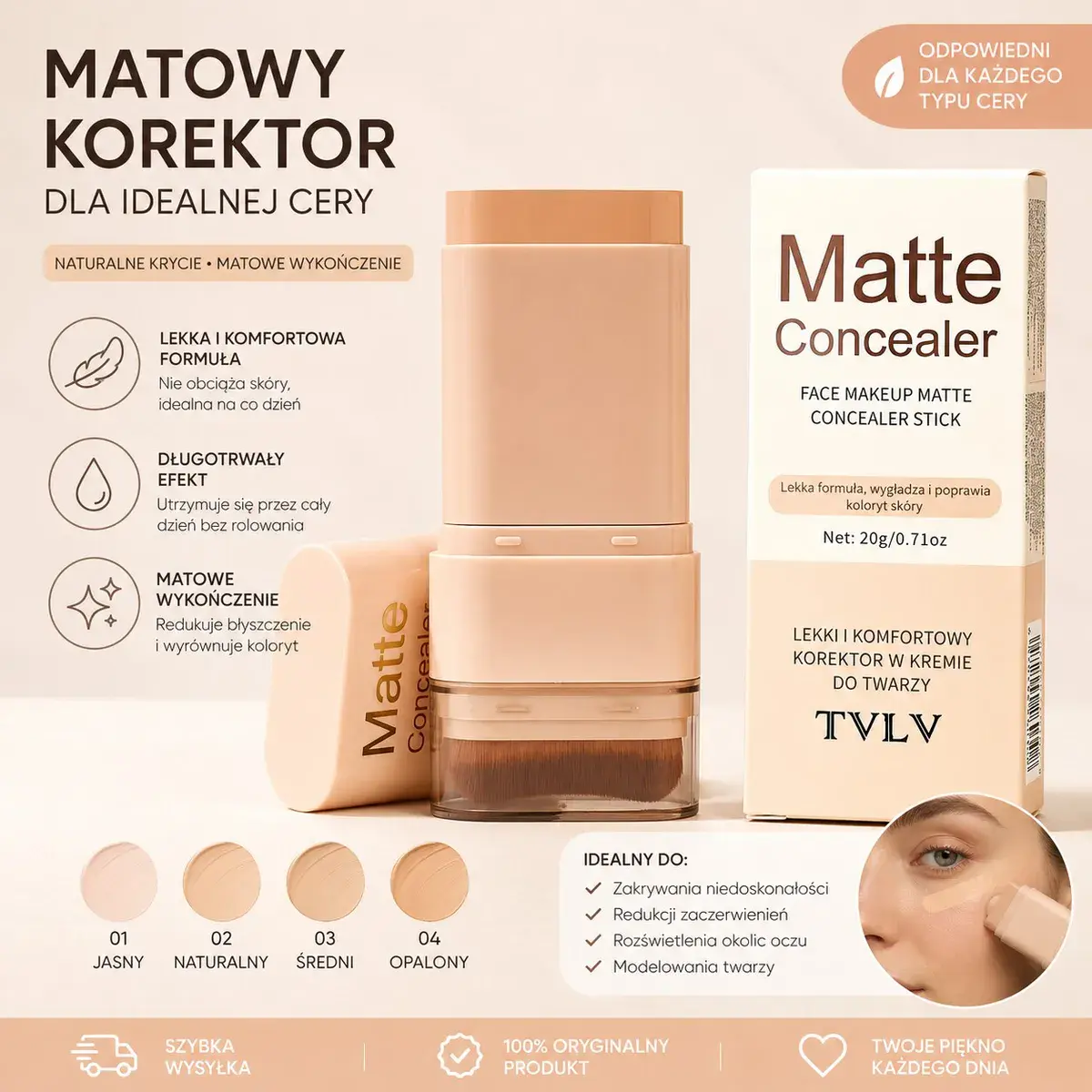 TVLV Matte Concealer matowy korektor do twarzy 20 g naturalny efekt