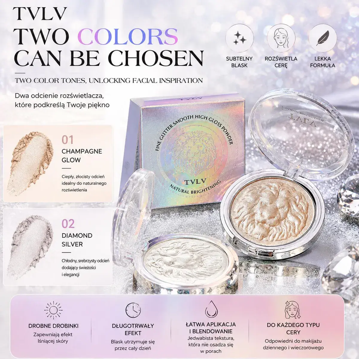TVLV Rozświetlacz do twarzy Fine Glitter w odcieniach Champagne i Silver