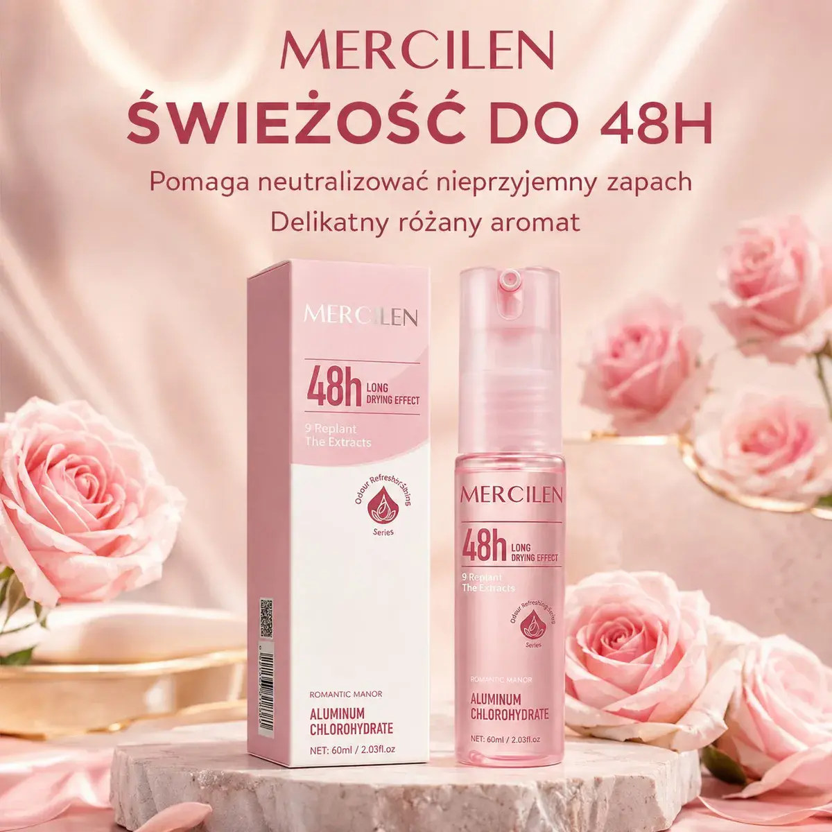 Dezodorant w sprayu Mercilen 48H z delikatnym zapachem róży 60 ml