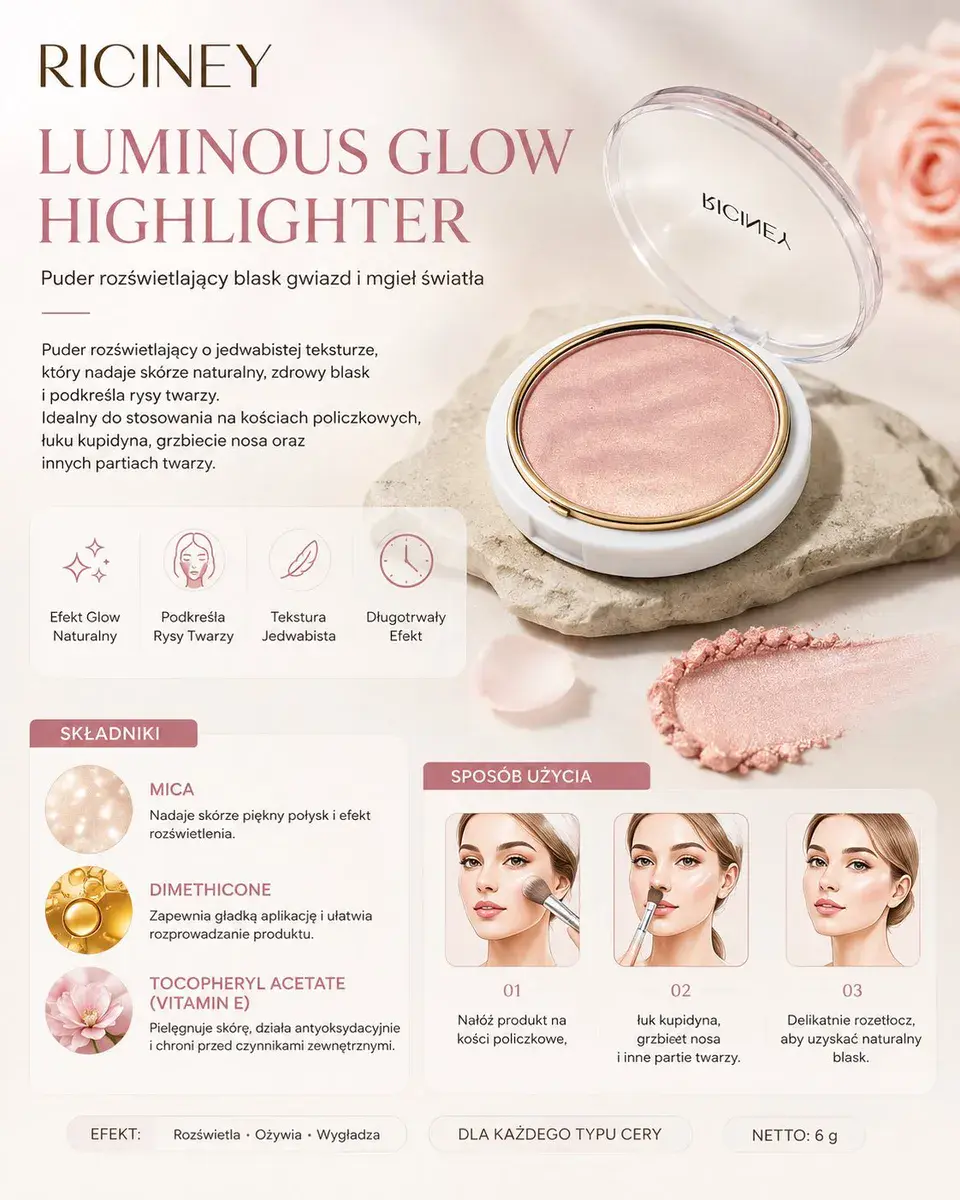 Riciney Luminous Glow Rozświetlacz Perłowy Naturalny Blask 6g