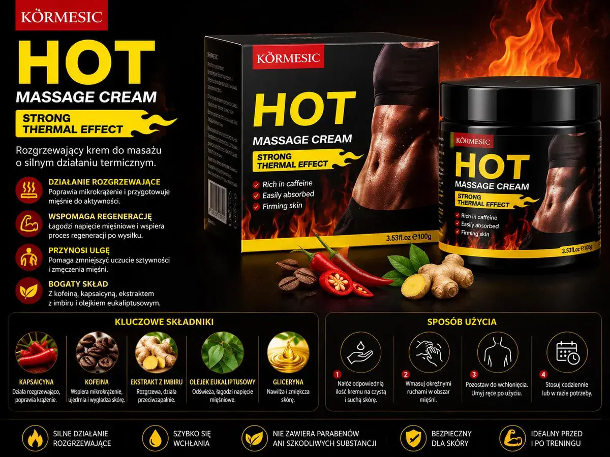 Körmesic HOT krem do masażu rozgrzewający 100g z kofeiną i kapsaicyną