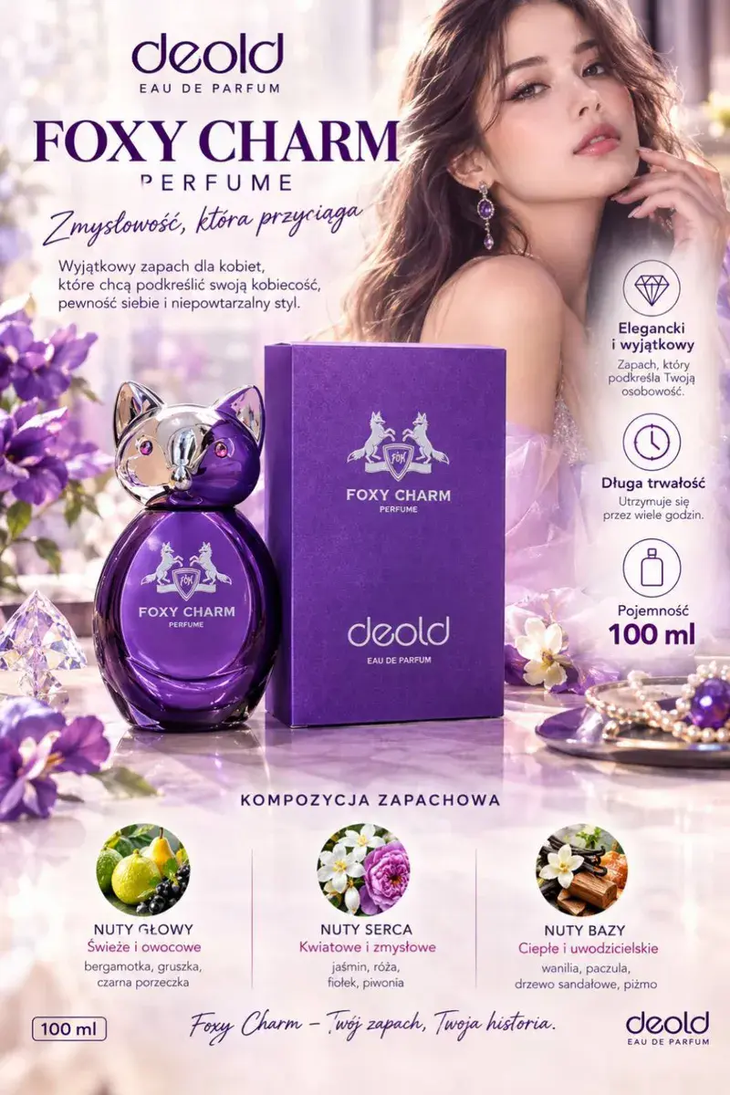 Deold Foxy Charm Perfumy 100 ml fioletowy flakon z kotem