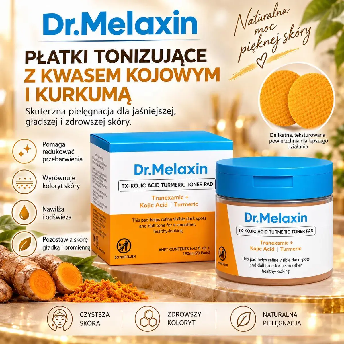 Dr. Melaxin Płatki Tonizujące z Kwasem Kojowym i Kurkumą 70 szt.