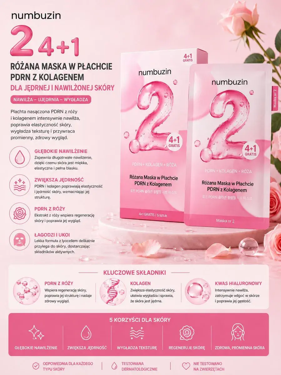 Różana Maska w Płachcie PDRN z Kolagenem na Nawilżenie i Jędrność