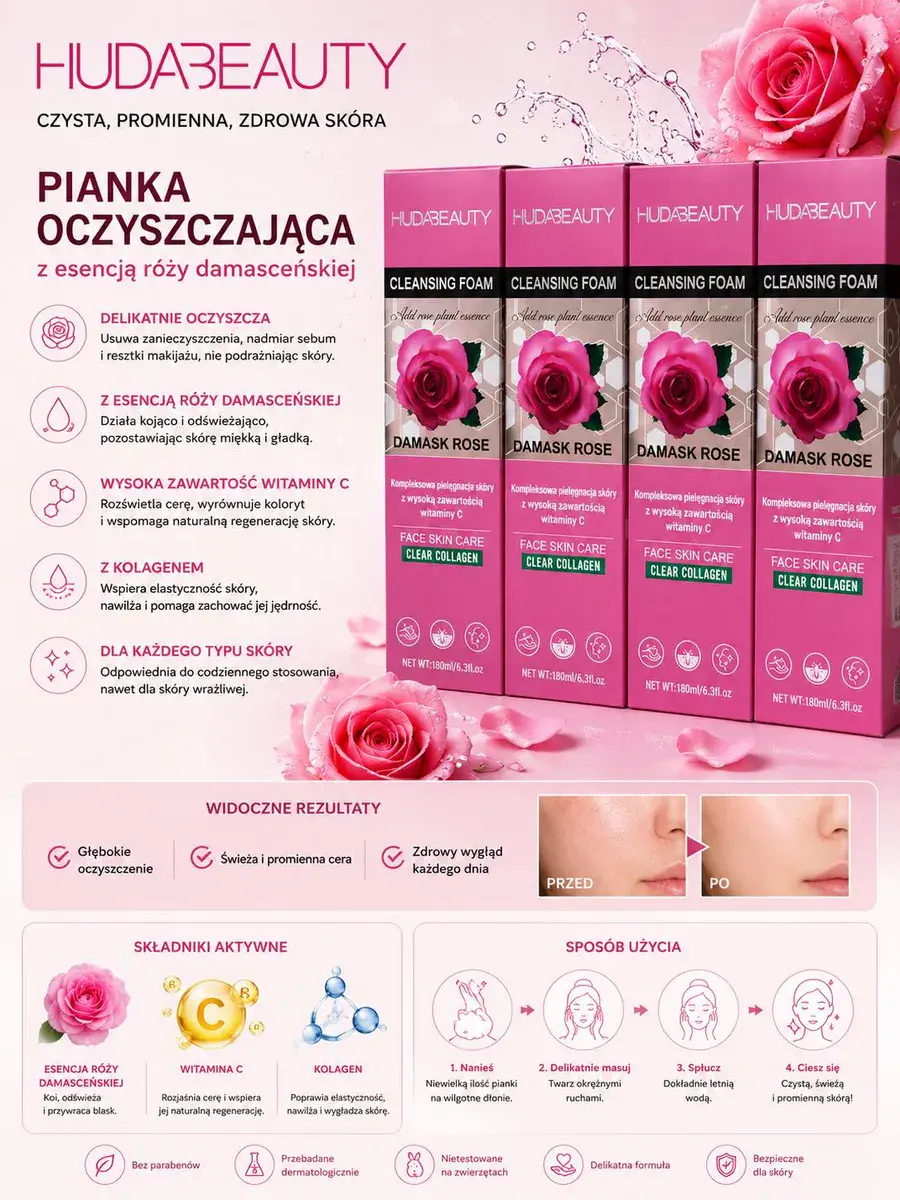 Pianka oczyszczająca z esencją róży damasceńskiej 180 ml HUDABEAUTY