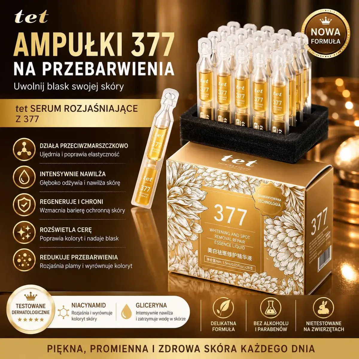 Ampułki rozjaśniające tet 377 na przebarwienia 1,5 ml x 28 szt