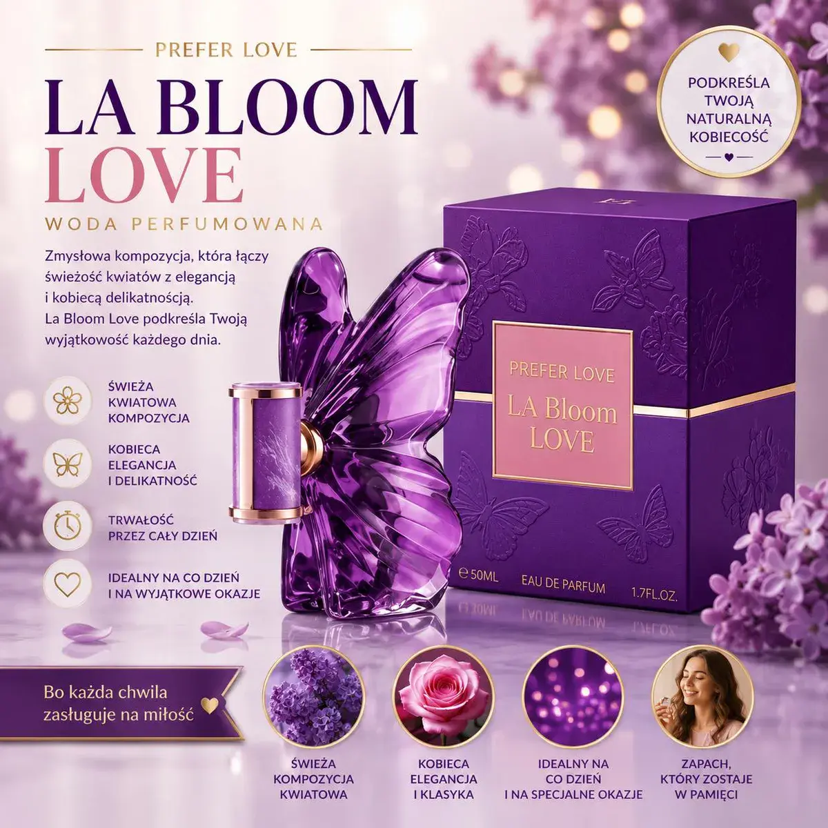 La Bloom Love woda perfumowana 50ml fioletowa butelka motyl