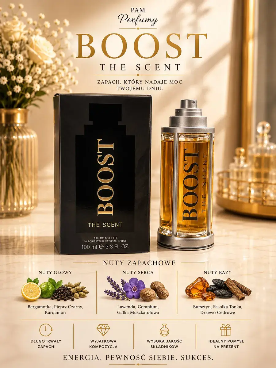 Perfumy BOOST The Scent 100ml z nutami bergamotki i bursztynu
