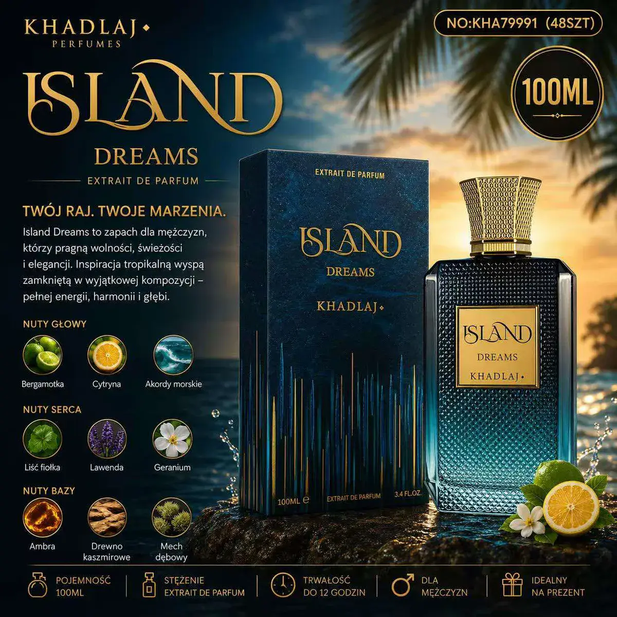 Island Dreams Khadlaj Perfumy Męskie 100ml Granatowe