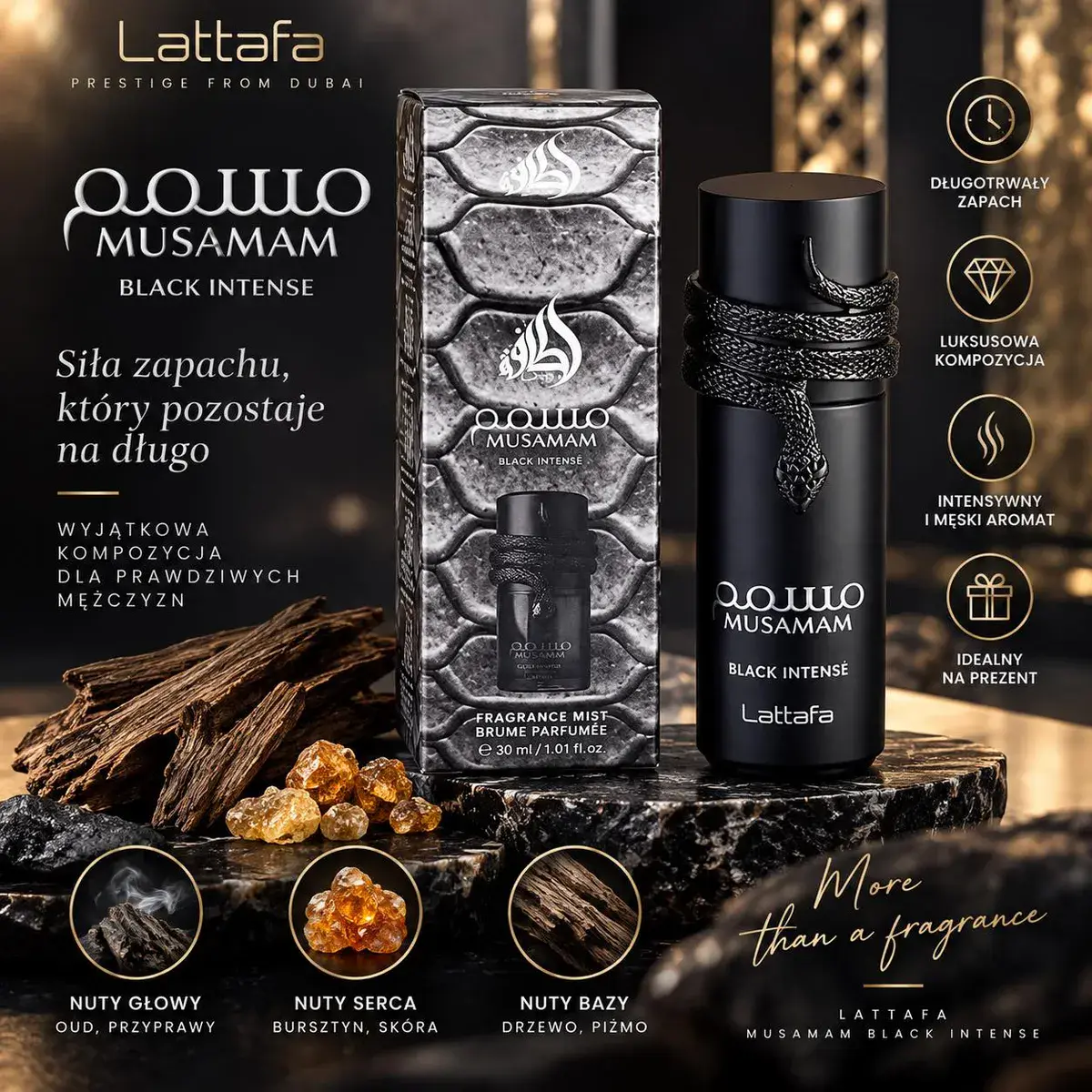 Perfumy Musamam Black Intense 30 ml z intensywnym męskim aromatem