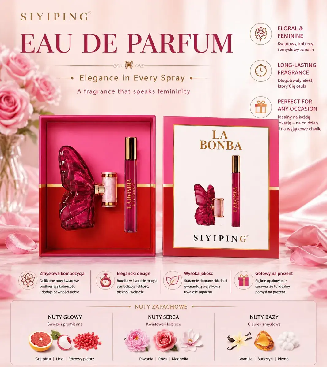 Zestaw perfumy La Bomba z różowym flakonem motyl i nutami kwiatowymi