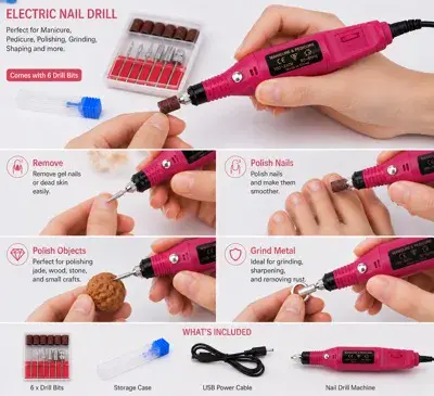 Frezarka do paznokci USB różowa z 6 końcówkami do manicure i pedicure