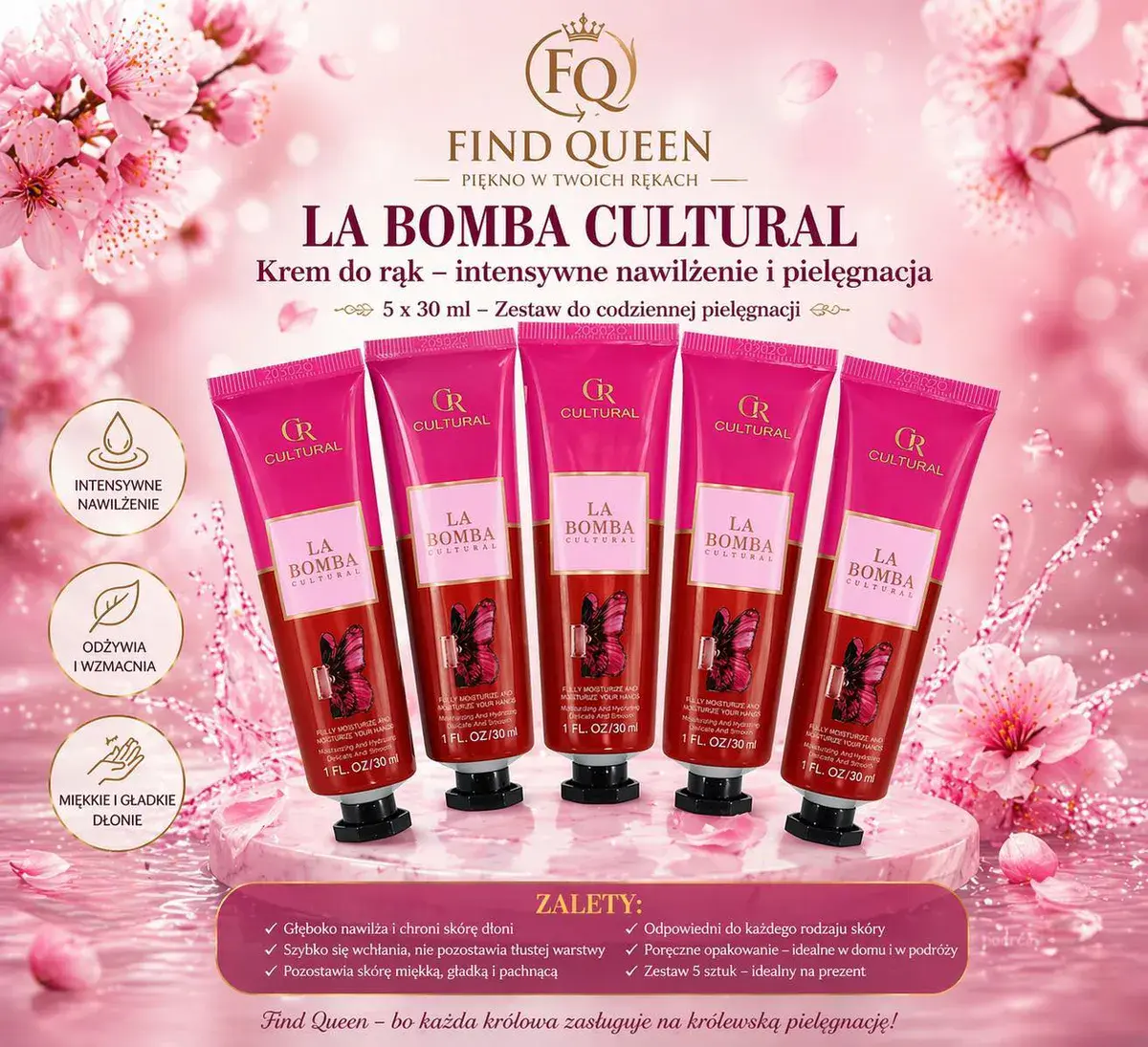 Find Queen La Bomba Cultural krem do rąk 5x30ml zestaw intensywne nawilżenie