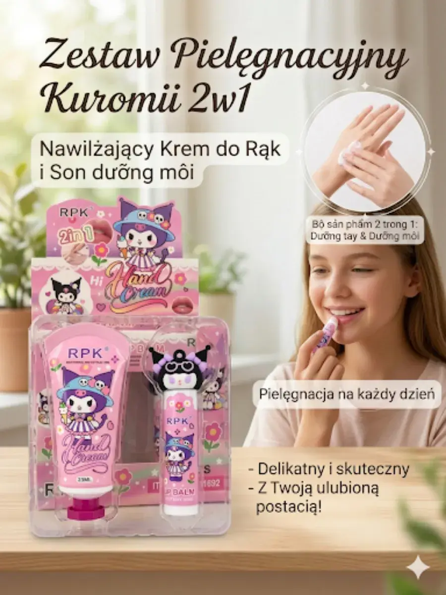 Zestaw Pielęgnacyjny RPK Kuromi 2w1 krem do rąk i balsam do ust różowy