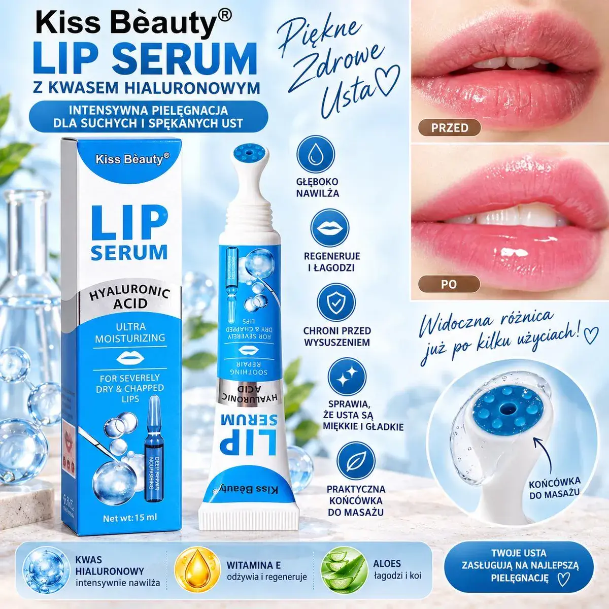 Kiss Beauty Lip Serum z kwasem hialuronowym 15 ml intensywne nawilżenie ust
