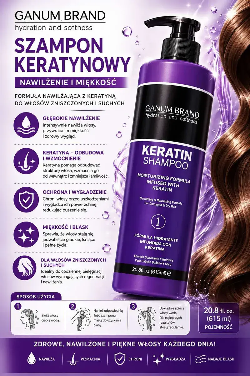 GANUM BRAND Szampon Keratynowy Nawilżający 615 ml do włosów suchych