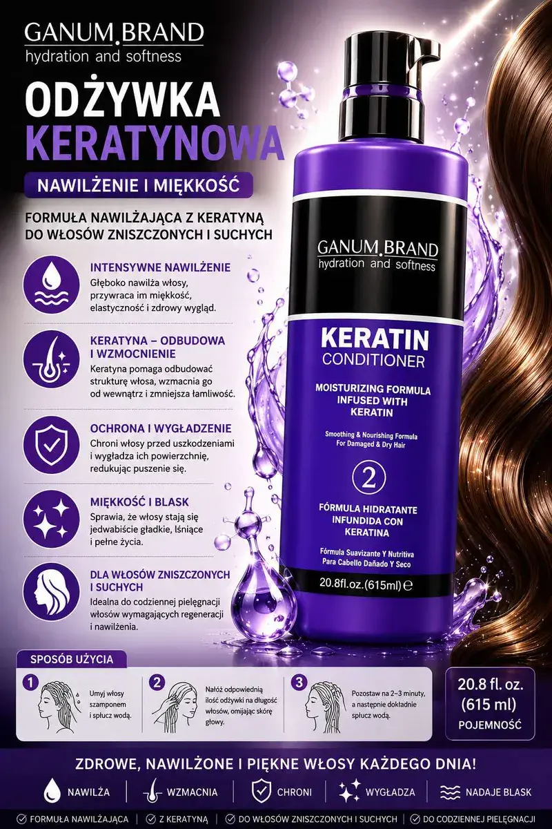 GANUM.BRAND Odżywka Keratynowa Nawilżająca 615 ml do Włosów Suchych