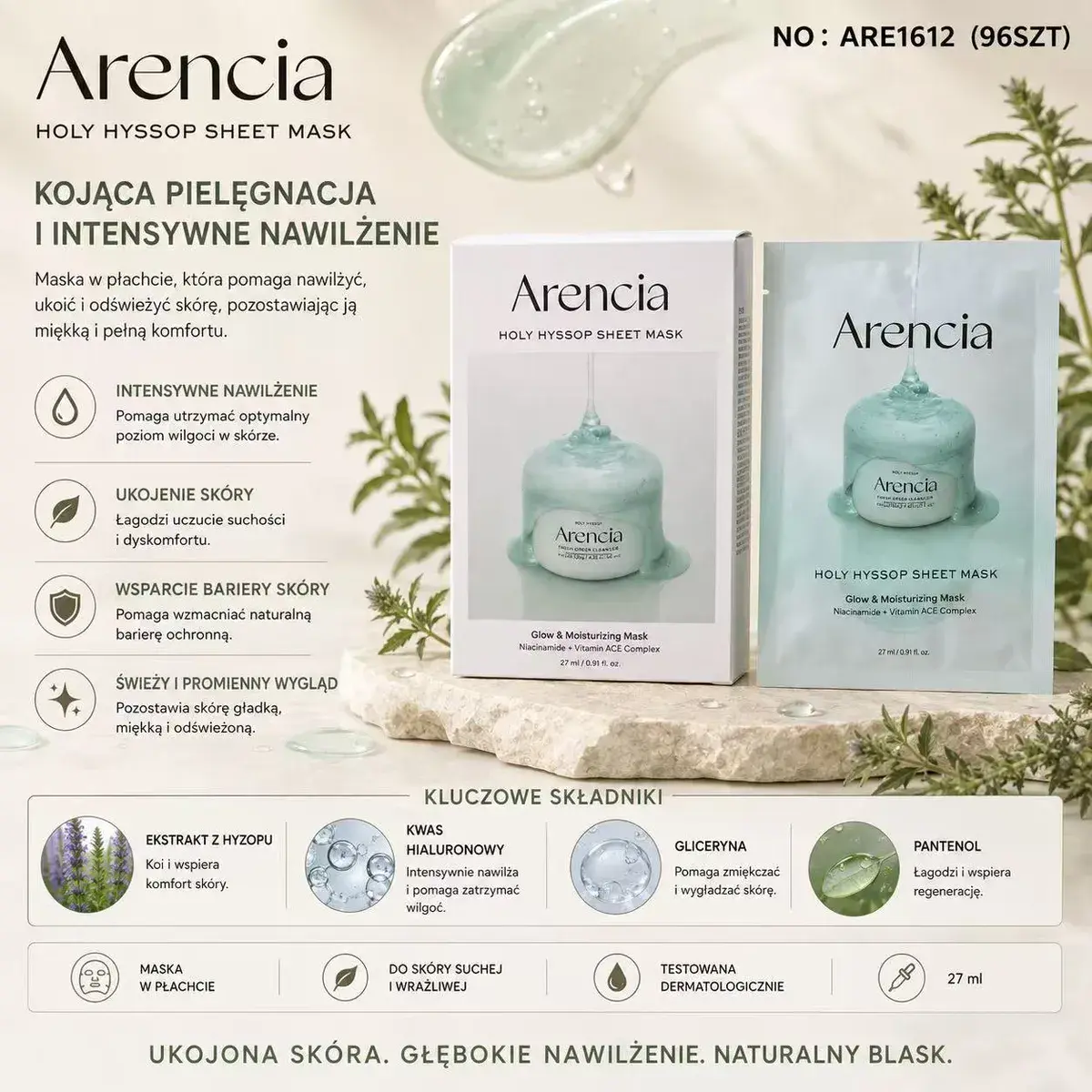 Arencia Kojąca Maska w Płachcie 27 ml z Ekstraktem z Hyzopu