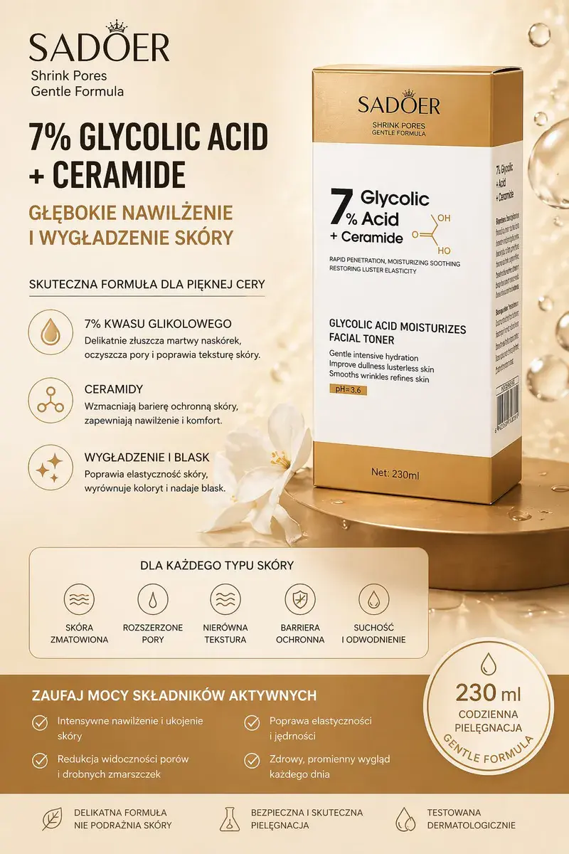 Tonik SADOER 7% Kwas Glikolowy z Ceramidami 230ml do Pielęgnacji Twarzy