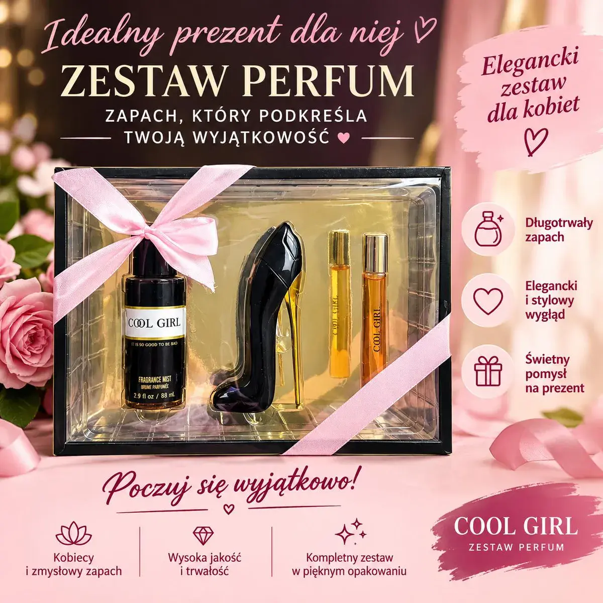 Zestaw perfum Cool Girl z eleganckim flakonem szpilką czarno-złoty