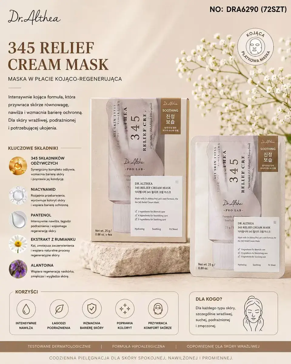 Dr.Althea 345 Relief Cream Mask kojąco-regenerująca maska w płachcie 25 g × 4 szt
