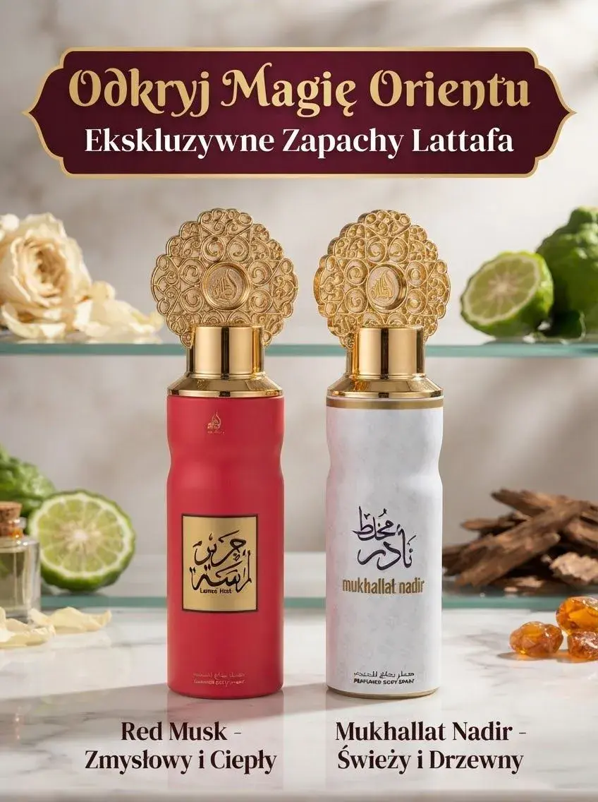 Spray zapachowy Lattafa Red Musk i Mukhallat Nadir z pozłacaną nakrętką