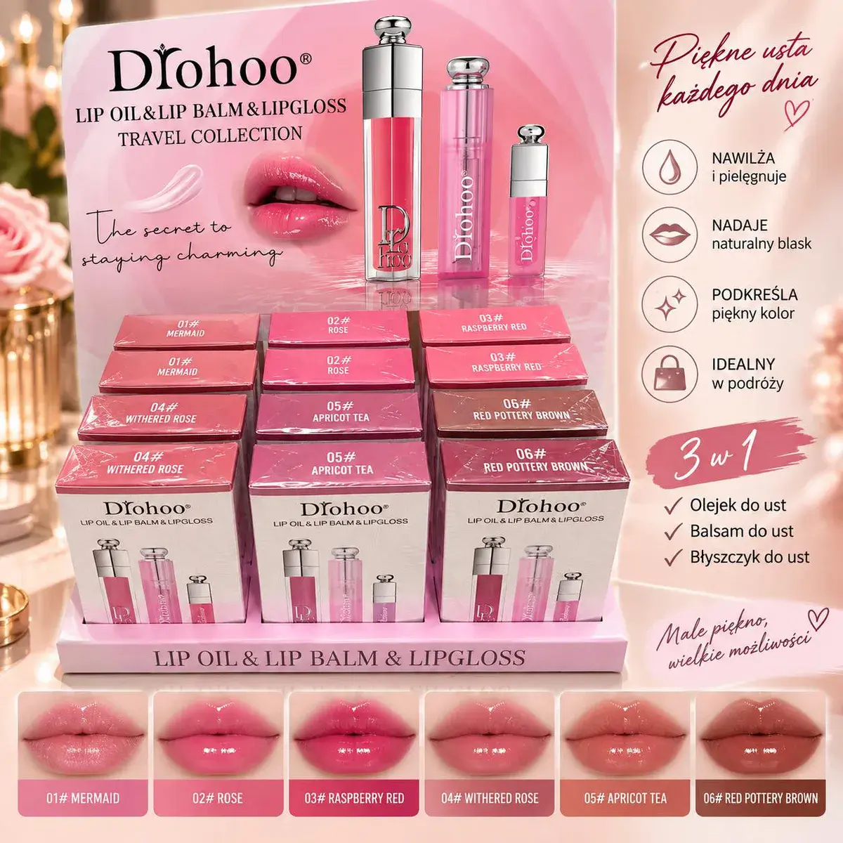 D’rohoo Lip Oil & Lip Balm & Lip Gloss Zestaw do Pielęgnacji Ust 3w1