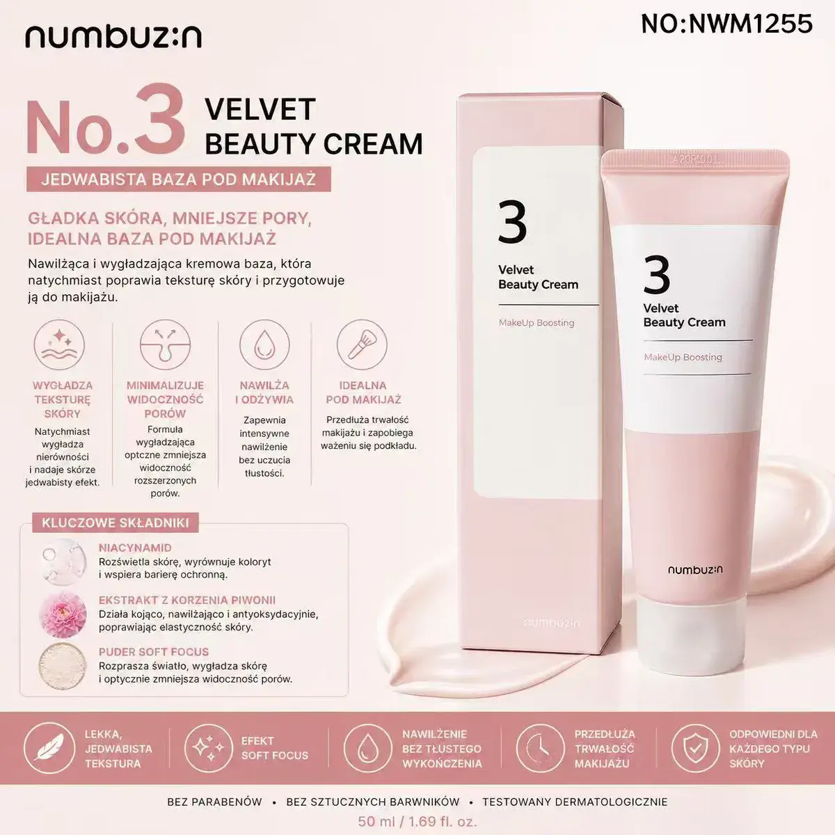 Numbuzin No.3 Velvet Beauty Cream jedwabista baza pod makijaż 50 ml