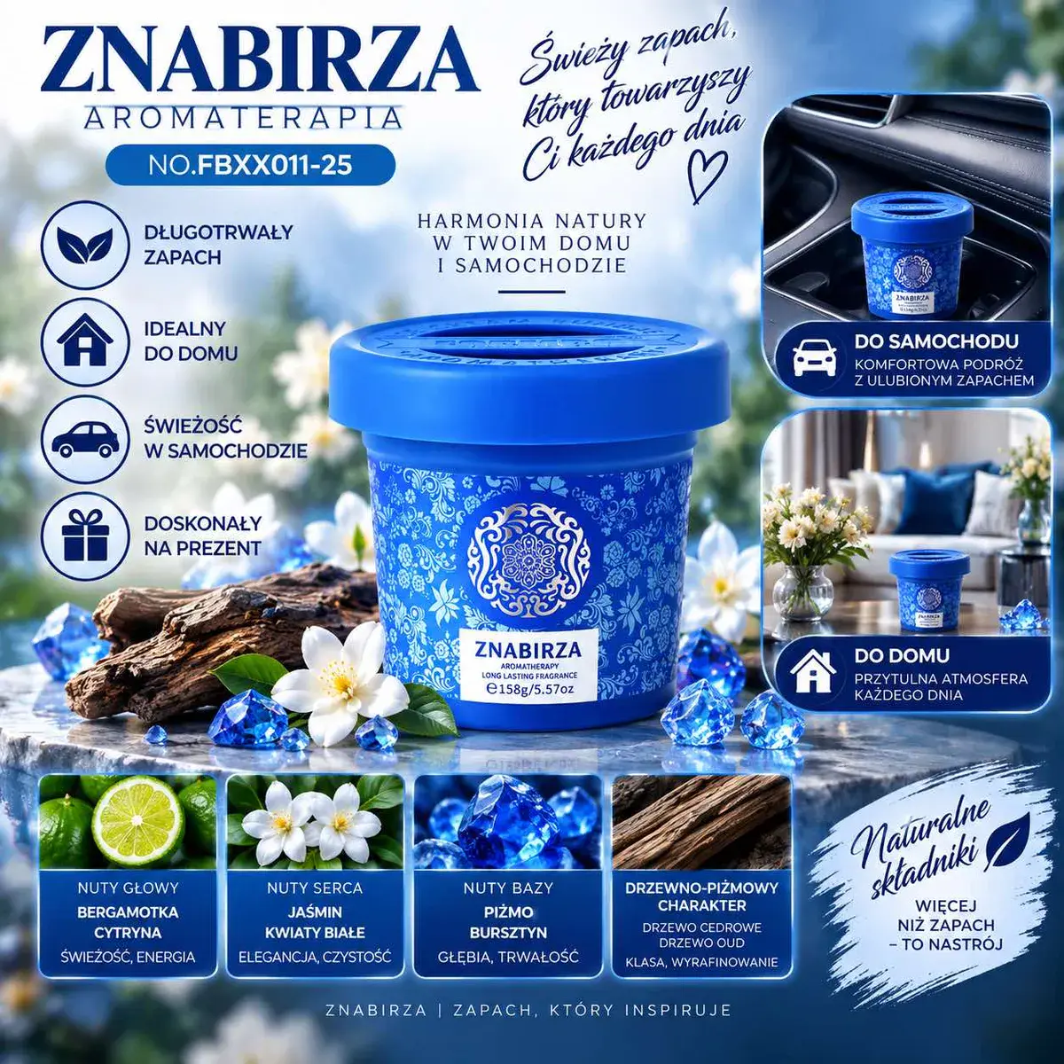 Zapach do auta i domu Znabirza niebieski 158g aromaterapia