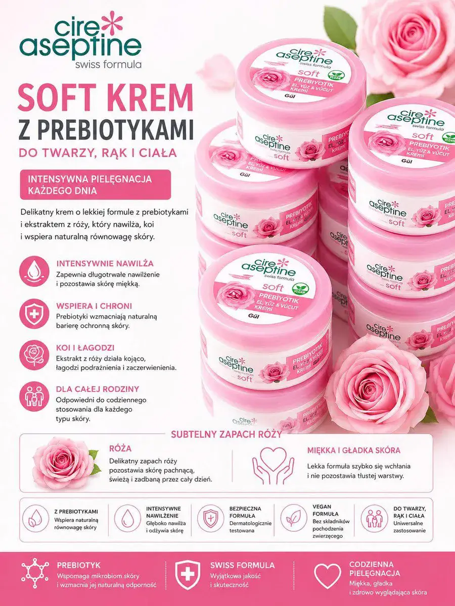 Soft krem z prebiotykami do twarzy, rąk i ciała z ekstraktem z róży