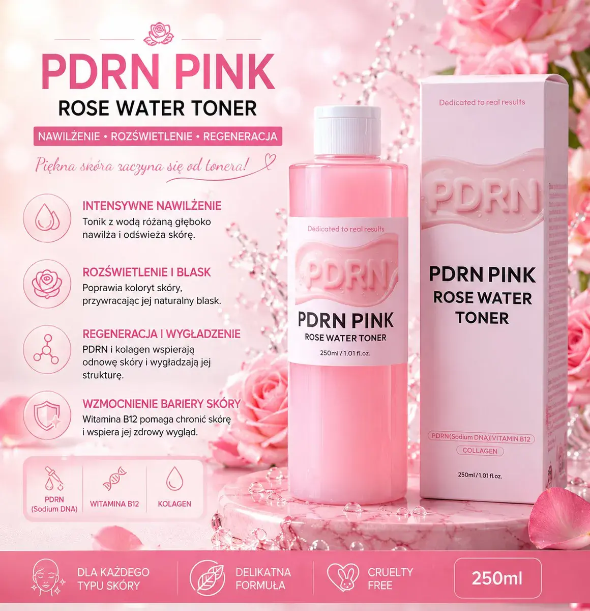 PDRN PINK Rose Water Toner 250 ml tonik z wodą różaną i kolagenem