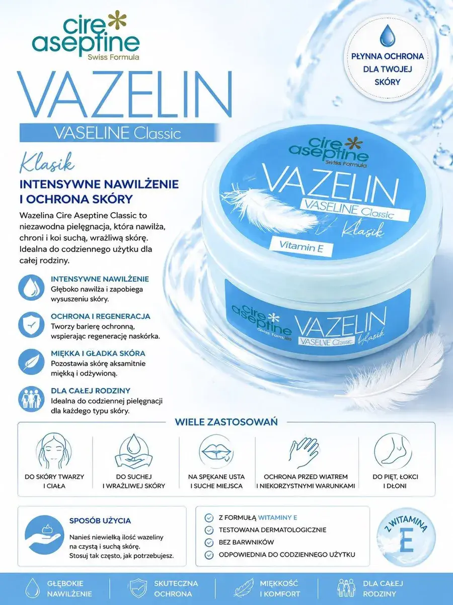 Vazelin Classic Cire Aseptine z witaminą E do skóry suchej i wrażliwej