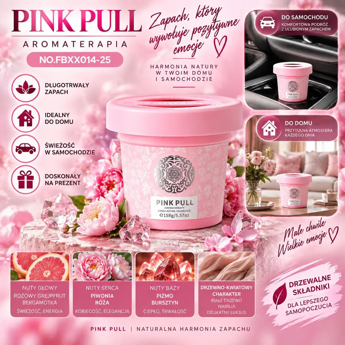 Pink Pull Aromaterapia różowy zapach do auta i domu 158g