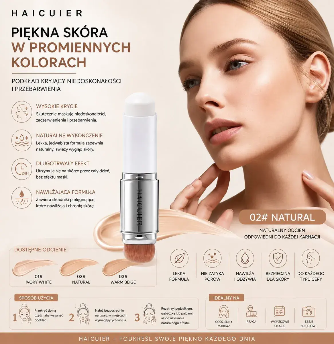 Podkład w sztyfcie HAICUIER 02# Natural z aplikatorem pędzelkowym