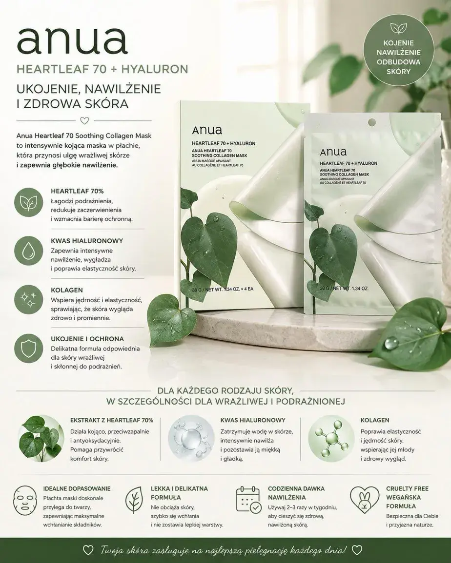 Anua Heartleaf 70 + Hyaluron Kojąca Maska w Płachcie 38g x4