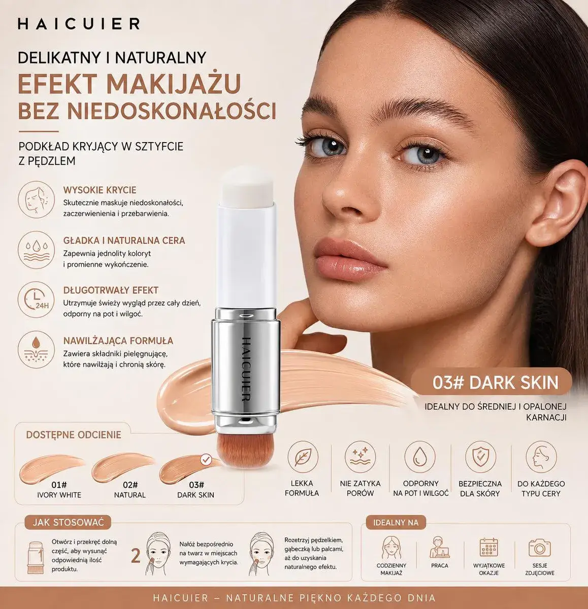 Podkład w sztyfcie HAICUIER 03# Dark Skin z pędzelkiem