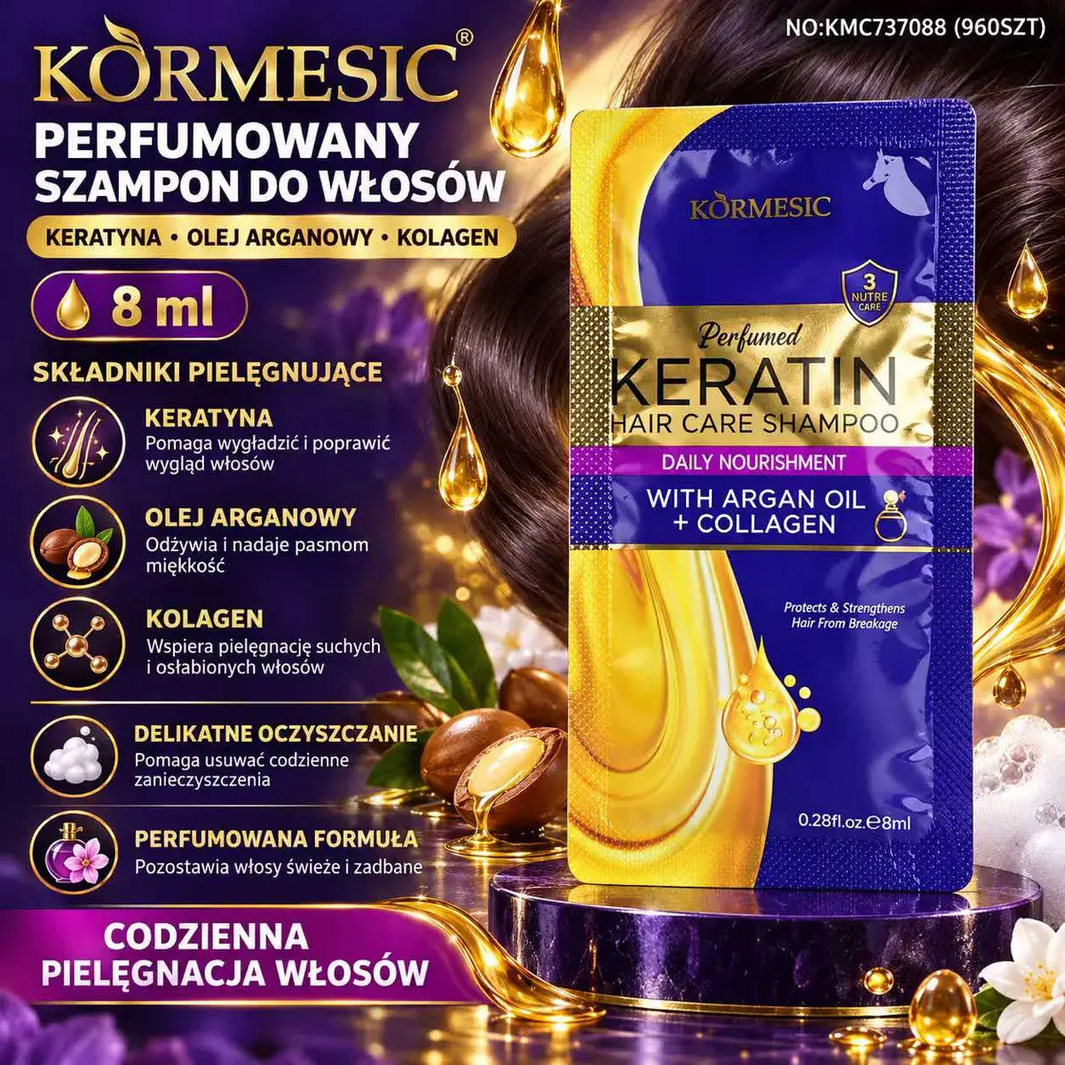 Kormesic Perfumowany Szampon do Włosów z Keratyną i Olejem Arganowym 8 ml