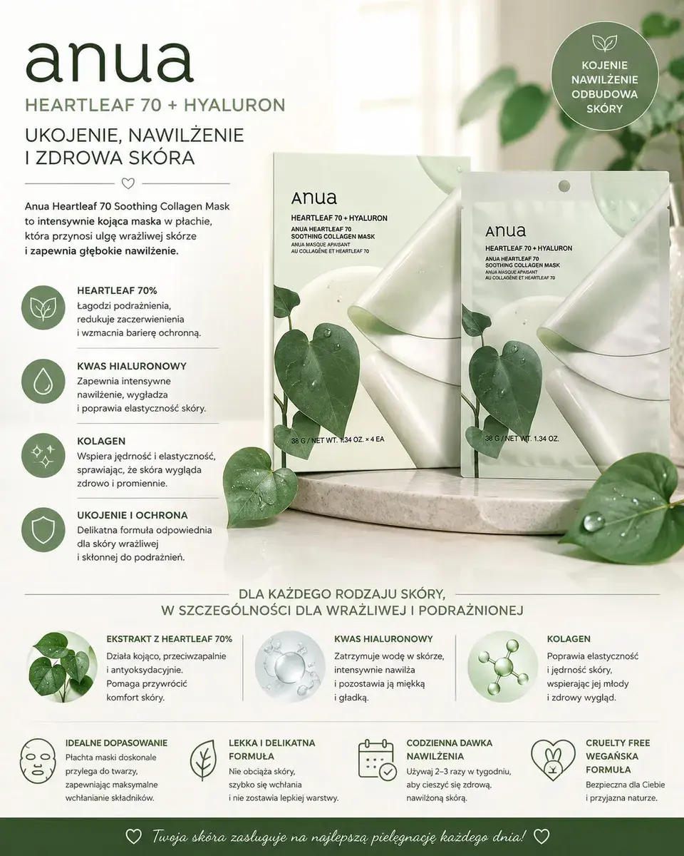 Anua Heartleaf 70 + Hyaluron Kojąca Maska w Płachcie 38 g x 4 szt