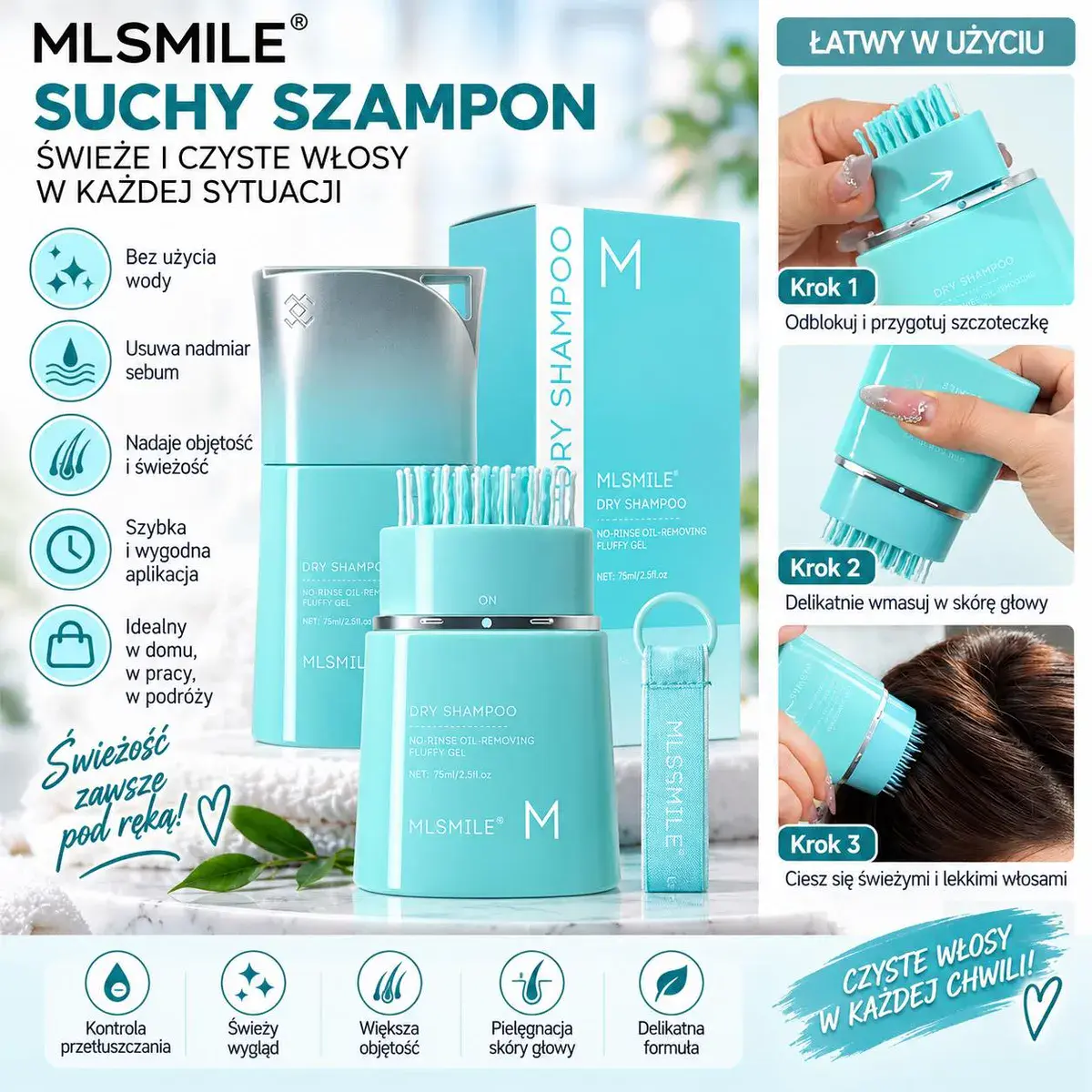 MLSMILE Suchy Szampon do Włosów 75ml z Aplikatorem Miętowy