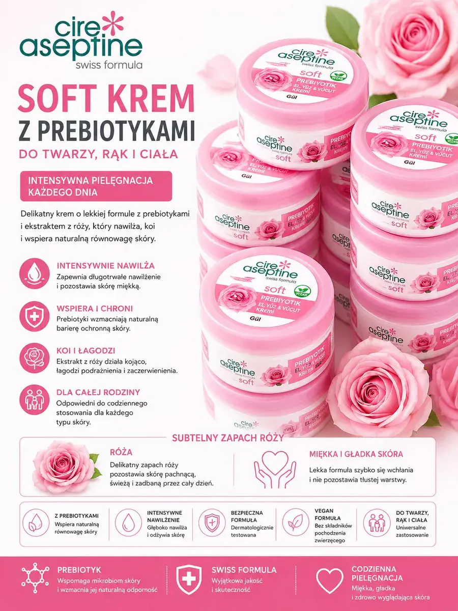 Soft Krem z Prebiotykami do Twarzy, Rąk i Ciała o Zapachu Róży